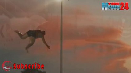 ROOF SLIDE | Moment chunky daredevil The Mascot leaps onto slide and BELLY FLOPS into pool at Frenzy Waterpark