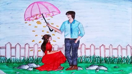 how to draw romantic couple with umbrella drawing scenery || couple scenery drawing step by step