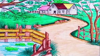 how to draw beautiful landscape village drawing scenery || landscape village drawing step by step