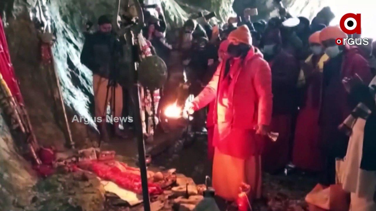 J&K: Aarti being performed at the Amarnath Holy cave on the occasion of Shravan Purnima