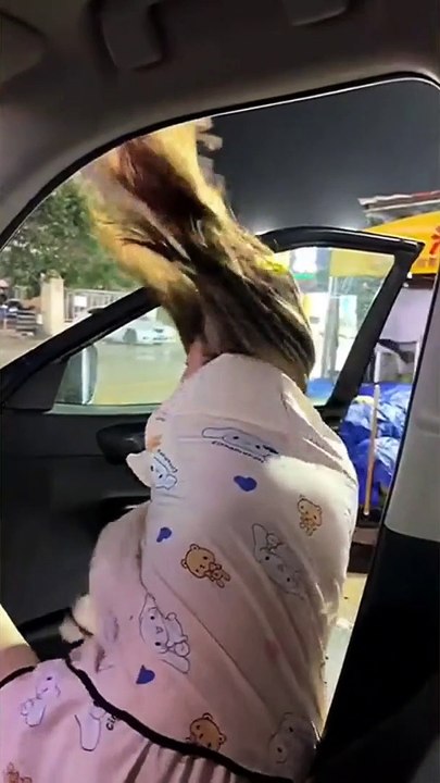 Woman struggles to close car door because of high winds