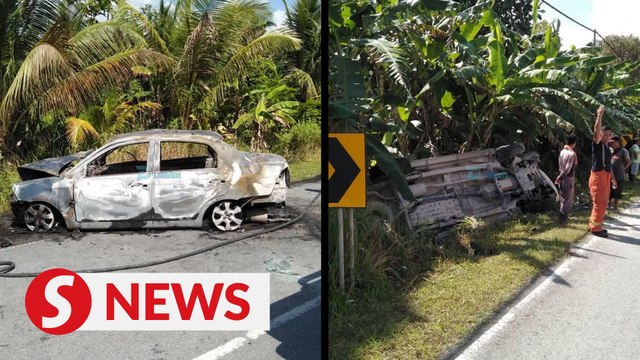 Charred remains of woman found in car that bursts into flames after accident