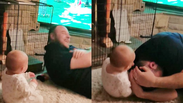 Adorable baby falls over due to uncontrollably laughing at her dad.