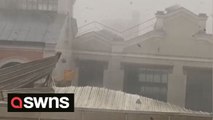 Dramatic footage shows moment roof is ripped from Paris building amid thunderstorms