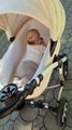 baby preciously lays on his stomach during stroller ride