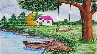 how to draw a village nature scenery step by step || landscape beautiful scenery drawing