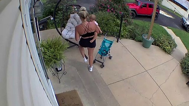 Mom and Baby Sit in Egg Chair and Fall into Bushes