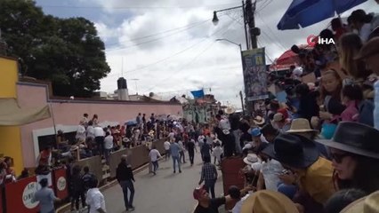 Meksika'daki boğa koşusunda 9 kişi yaralandıBoğa boynuzunu taktığı kişiyi metrelerce öteye götürdü
