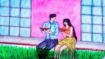 beautiful couple enjoy the nature drawing scenery/beautiful couple watermelon eating drawing scenery