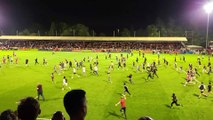 Crawley Town fans celebrate Crawley Town win over Fulham