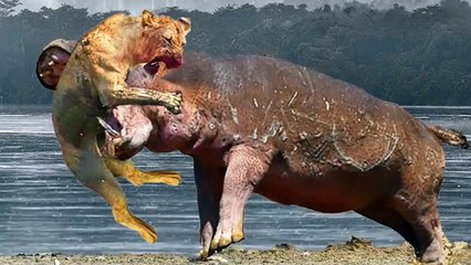 Angry Hippopotamus attacks Lion very hard, Wild Animals Attack