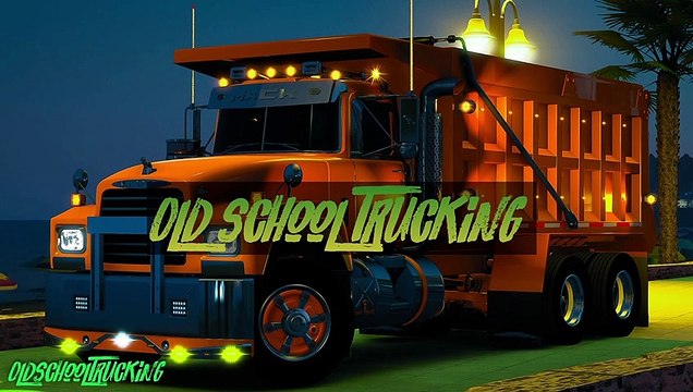 Mack Granite Dump Truck pulling heavy cargo flatbed, climbing very high in night ride - American Truck Simulator