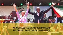 Newly elected Kilifi Governor Gideon Mung'aro and his deputy take the oath of office