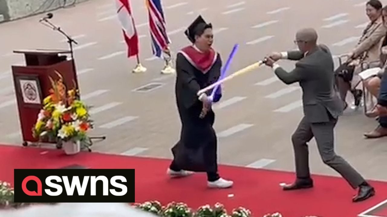 Star Wars-loving student sneaks lightsabers into his graduation challenging principal to duel