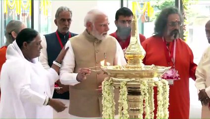 PM Modi lights a lamp at inauguration of Amrita Hospital in Faridabad