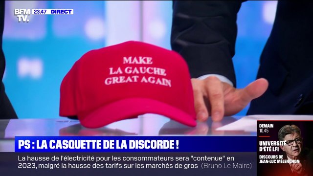 C'est pas idéal : la casquette Make la gauche great again , vendue à l'université d'été du Parti socialiste, fabriquée en Chine