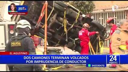 El Agustino: dos camiones terminan volcados por imprudencia de conductor