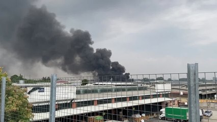 L'alta colonna di fumo nero si solleva dai capannoni della Nitrolchimica