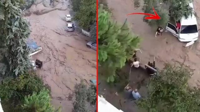 Sel nedeniyle minibüste mahsur kalan 4 kişilik aile son anda kurtarıldı