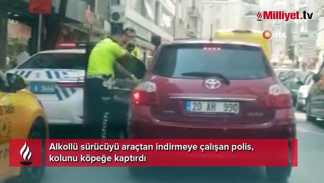 Alkollü sürücüyü araçtan indirmeye çalışan polis kolunu köpeğe kaptırdı
