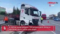 D-100'de lastiği patlayan TIR bariyere girdi