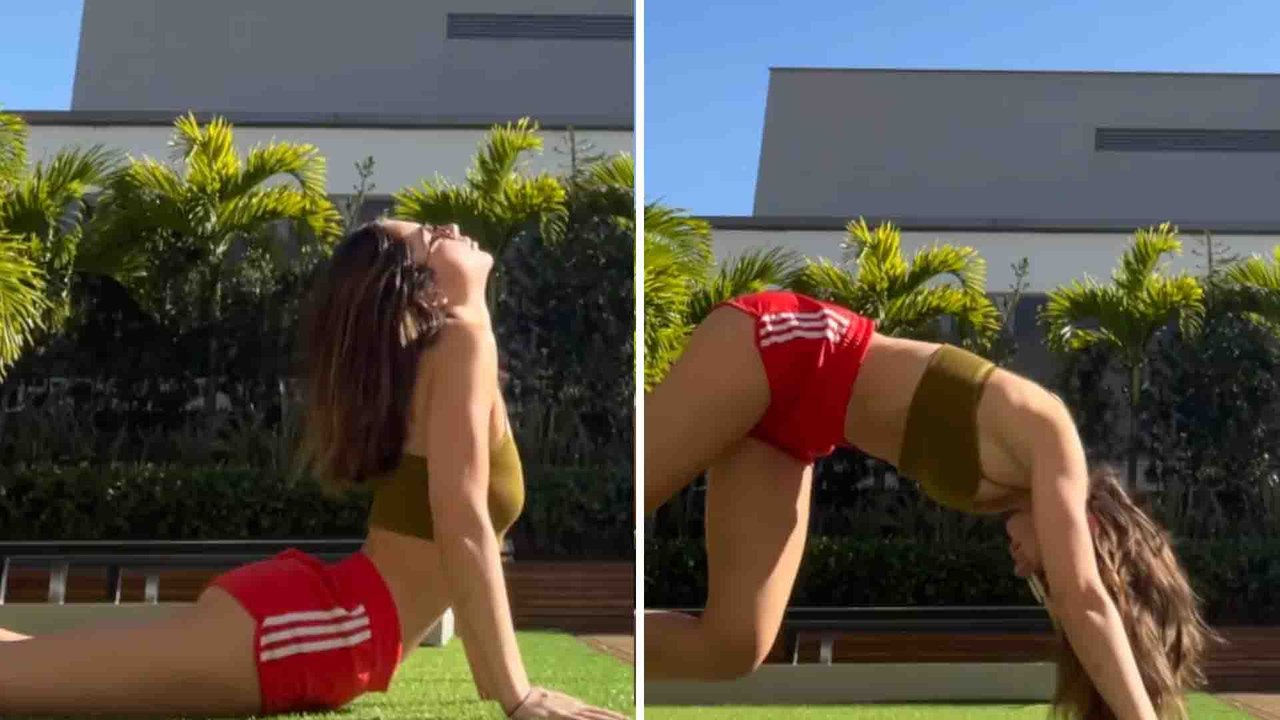 Jade Picon se exercita em casa em dia de sol: ‘Acordar corpo e mente’