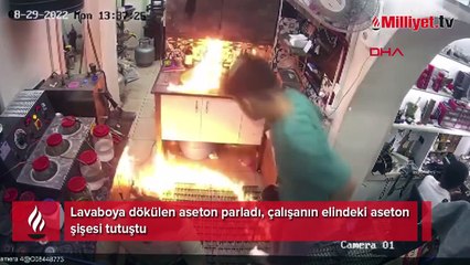 Lavaboya dökülen aseton parladı, çalışanın elindeki aseton şişesi tutuştu