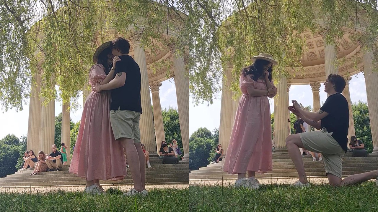 Man surprises girlfriend with a lovely proposal in front of the Temple of Love in Versailles