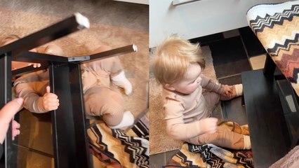 Silly infant makes stool fall on himself after mom gets her eyes off of him for a second
