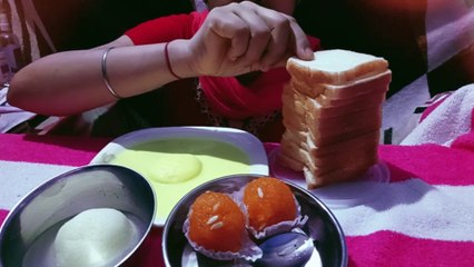 Eating slice roti with mihi Dana laddu - Rasgulla and rosho malai