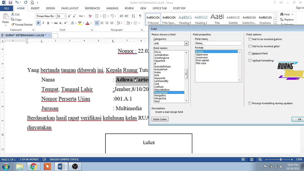 Format tanggal Di Mail Marge