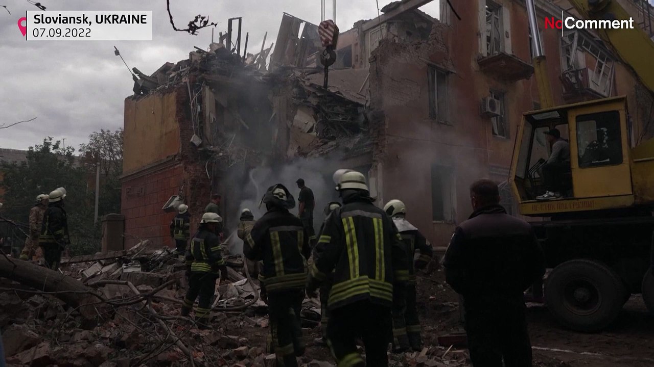 Firefighters search ruins after Sloviansk strike