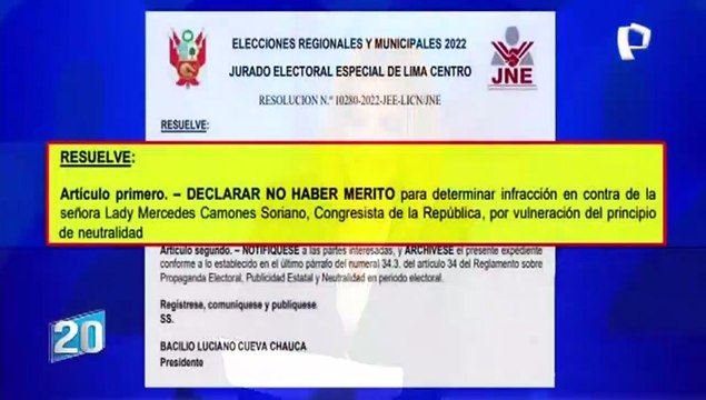 JEE: Lady Camones no cometió infracción electoral porque no favoreció a César Acuña