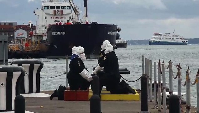 Members of the Royal Navy conduct a 117-gun salute in Portsmouth Naval Base to mark the death of the Queen on Friday 9 September 2022