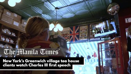 New York's Greenwich village tea house clients watch Charles III first speech