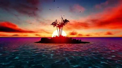 Paradise island in sea during a colorful sunset