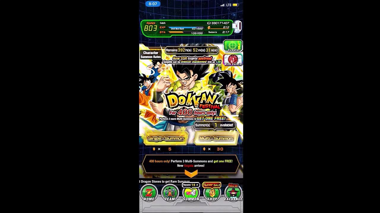 DBZ Dokkan Battle Summons on the 5 year LR Gogeta and LR Vegito Dokkan Festival banners