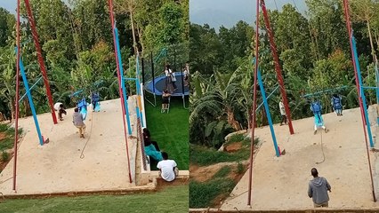 Excited kids BARELY AVOID getting injured after something goes wrong with the swing