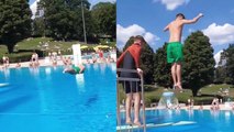 Daredevil makes waves with a SPLASHING belly flop into pool