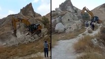 Kapadokya’da tarih katliamı: Yol için peribacaları iş makineleriyle yıkılıyor!