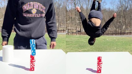 Creative genius complements his dice-stacking trick with a surprise back flip!