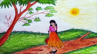 alone girl enjoy the nature view drawing scenery/beautiful alone girl walk and nature drawing scenery