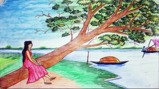 beautiful alone girl on riverside tree drawing scenery / alone girl see nature and riverside drawing