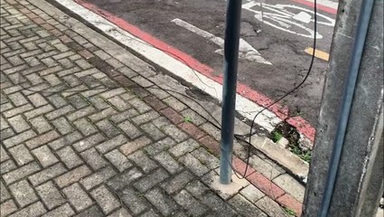 Fiação de telefonia é arrancada e fica caída na Rua 13 de Maio no Centro