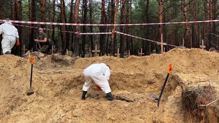 Tải video: Cientos de tumbas en un bosque cerca de ciudad ucraniana de Izium, reconquistada a los rusos