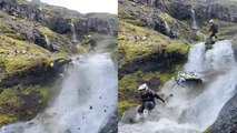 Thrill-seeker tries to ride a bike up a mini waterfall, instantly regrets it