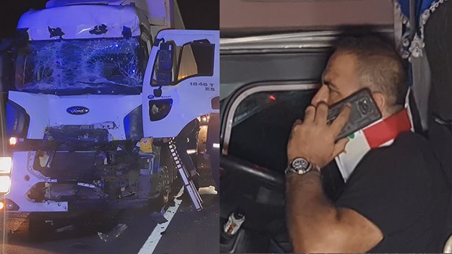 Kazada sıkışan TIR sürücüsü, telefonla konuşmaya devam etti