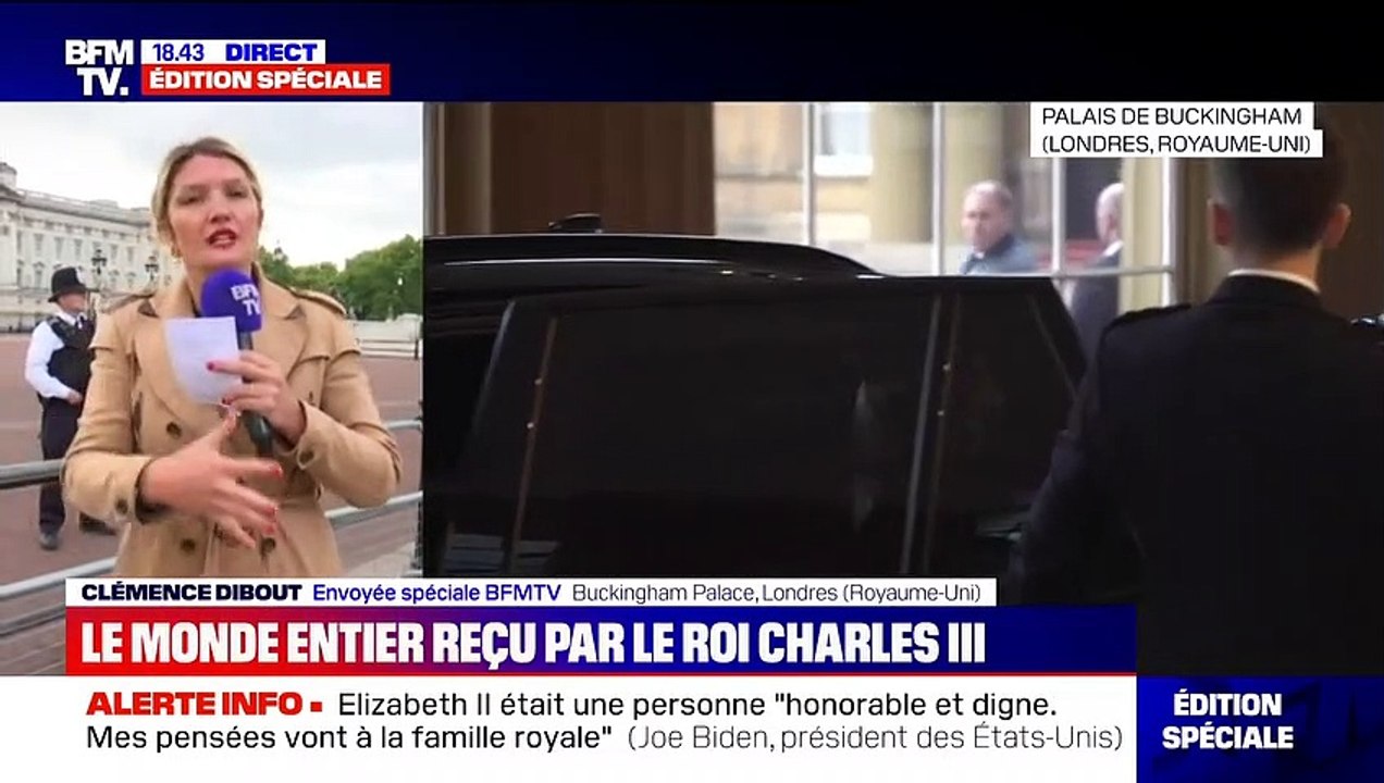 Emmanuel et Brigitte Macron arrivant à Buckingham Palace à Londres pour le dîner organisé par le roi Charles pour les dignitaires internationaux présents pour les obsèques d'Elizabeth II