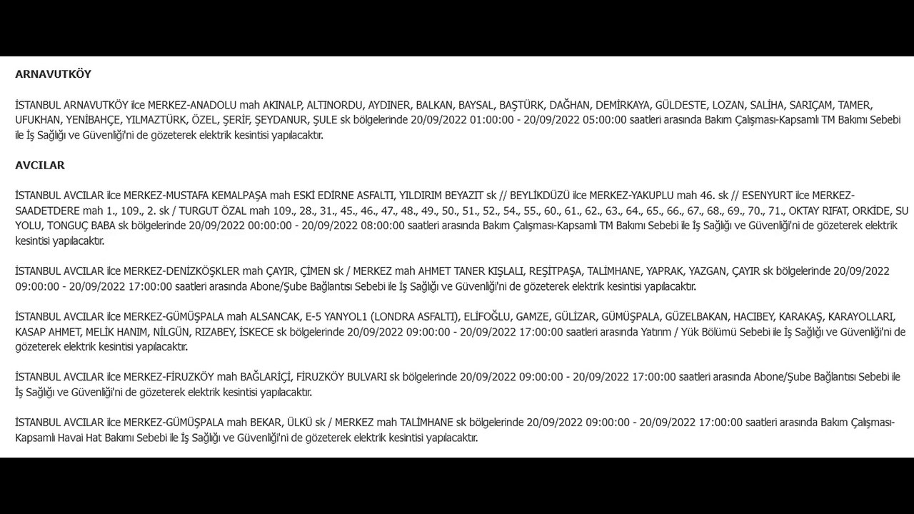 İstanbul'da elektrik kesintisi olacak 14 ilçe 20.09.2022