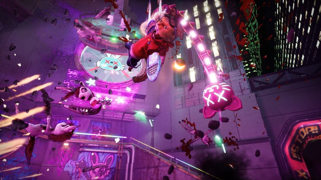 In Gori: Cuddly Carnage spielen wir eine Katze auf einem Hoverboard